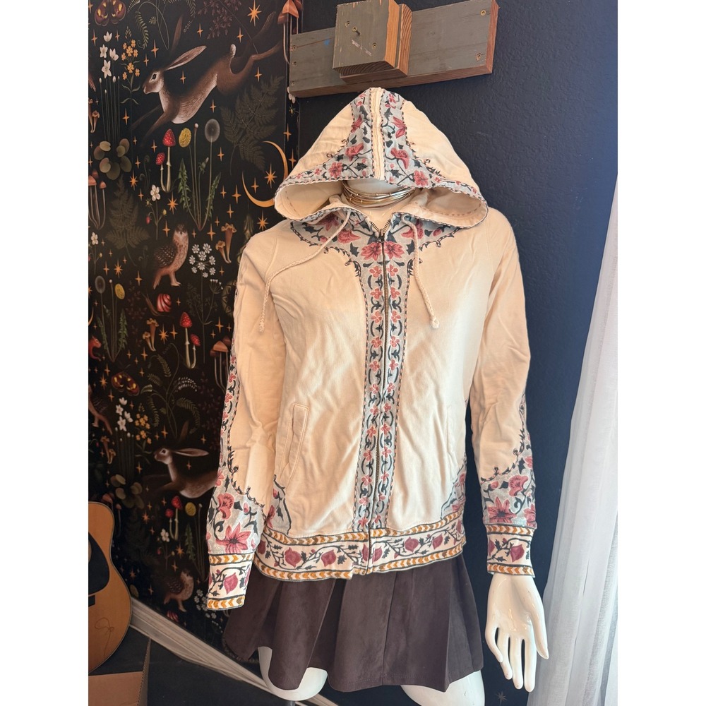 Lucky Brand Cream Floral Embroidered Full Zip Hoodie Boho Cotton Sweatshirt L